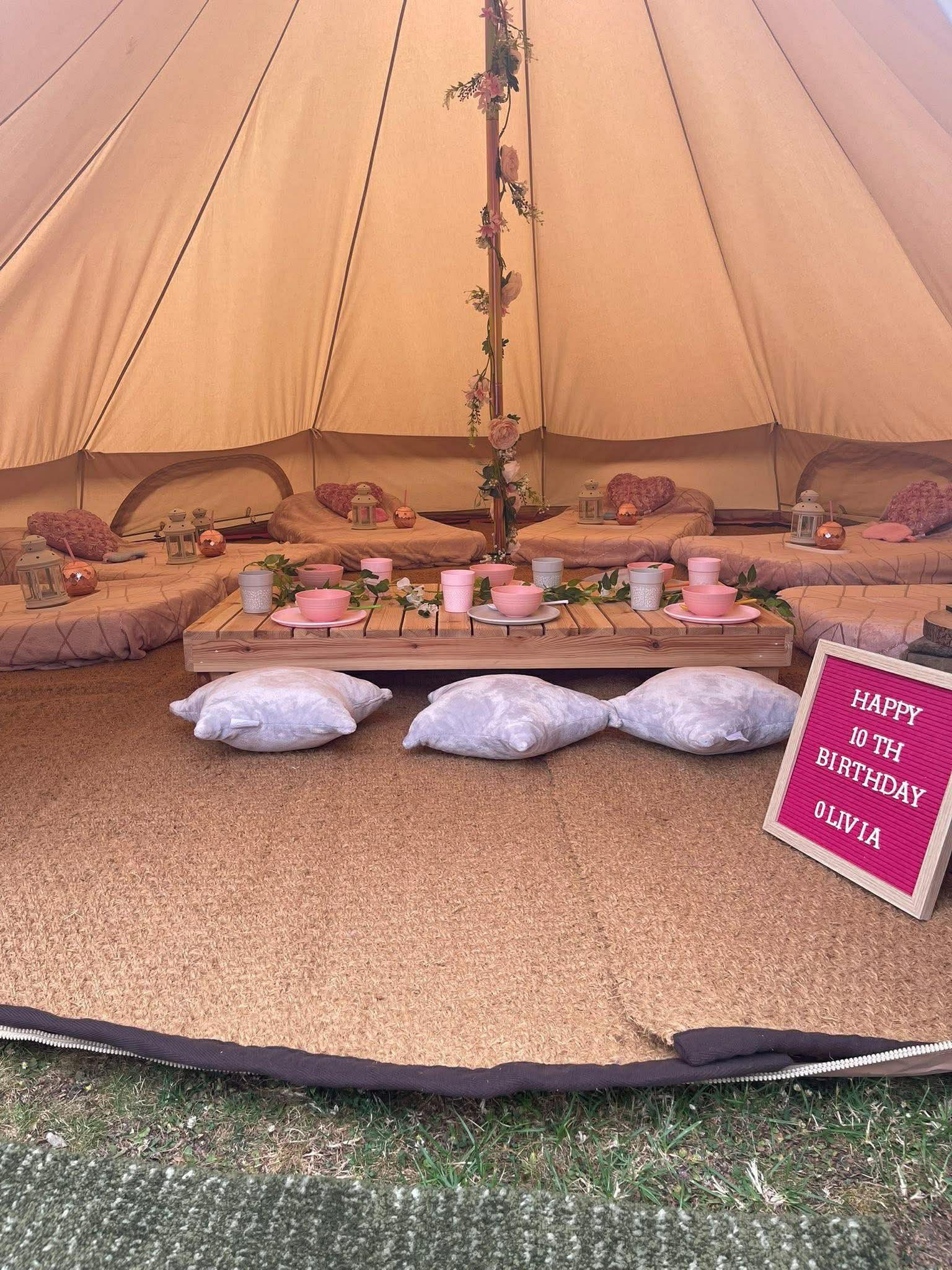 Bell tent birthday party interior setup