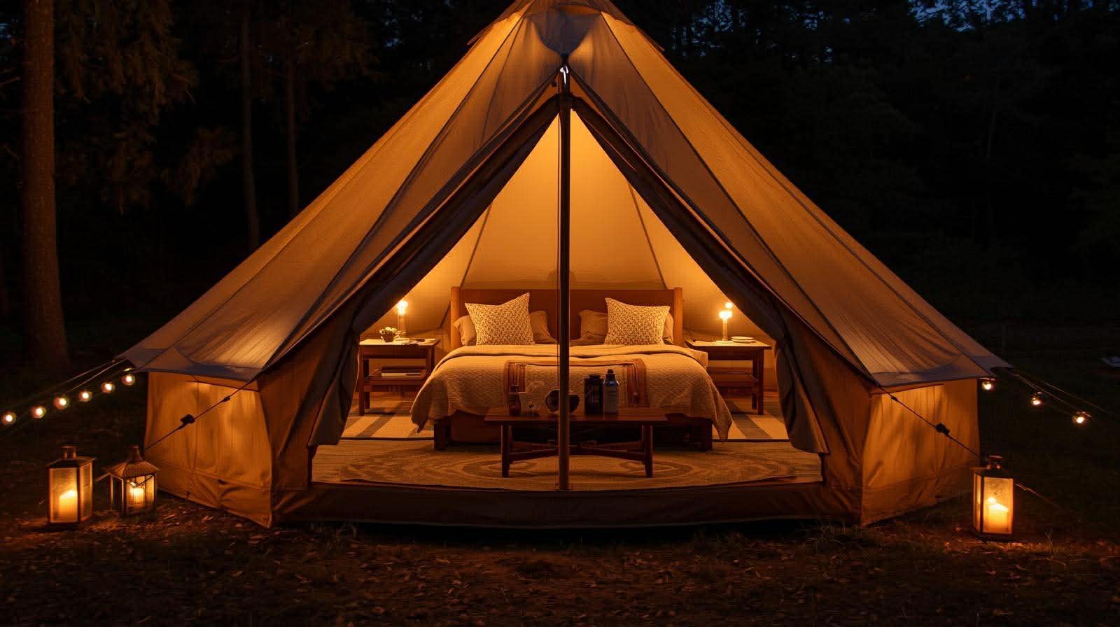 Luxury bell tent interior at night with fairy lights