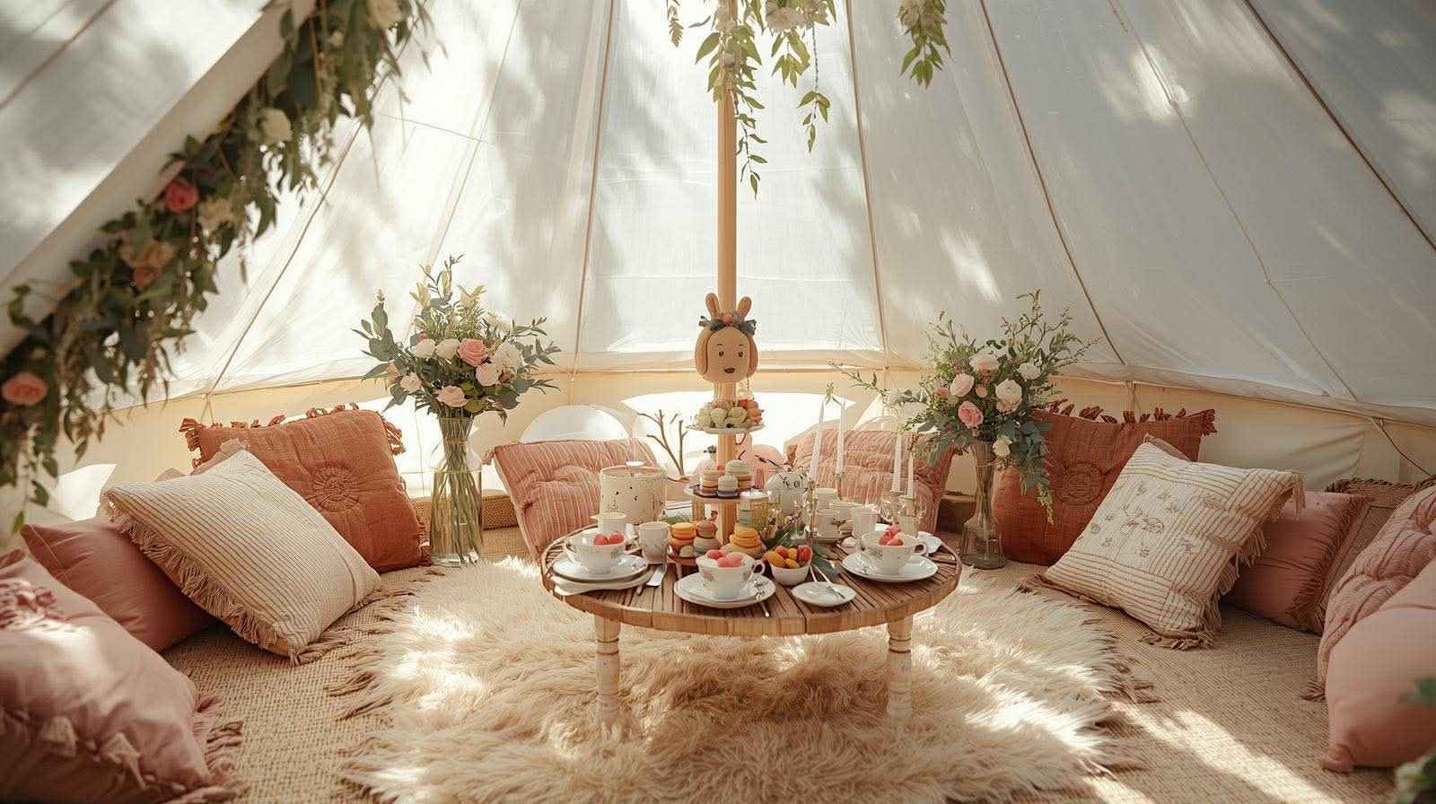 Elegant tea party setup inside bell tent