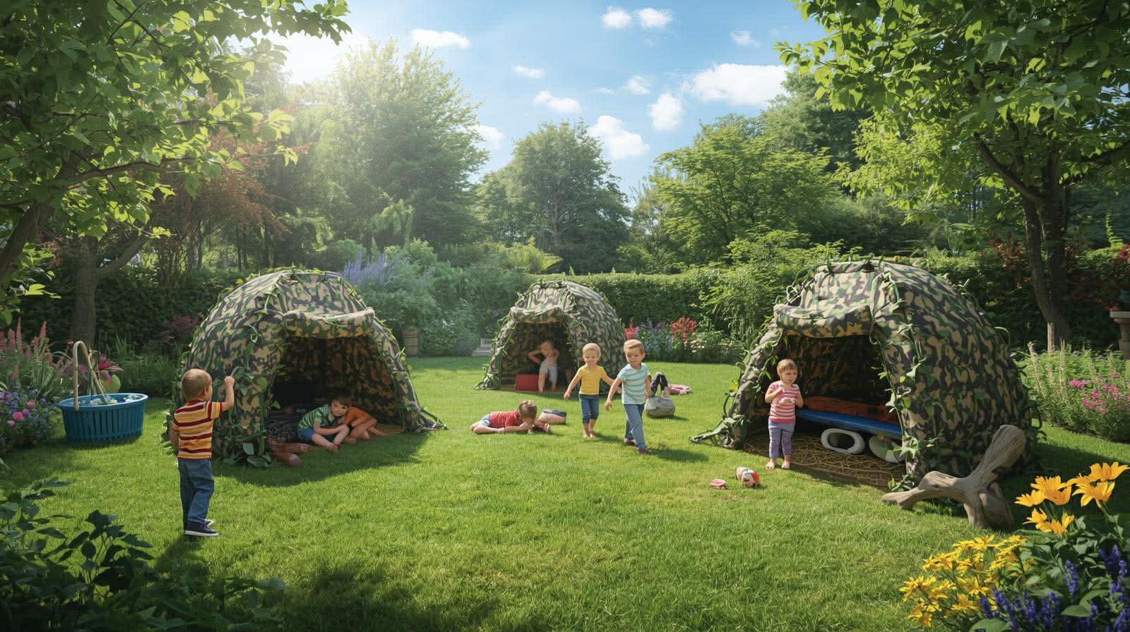 Children playing foam gun battles with camo bases in garden