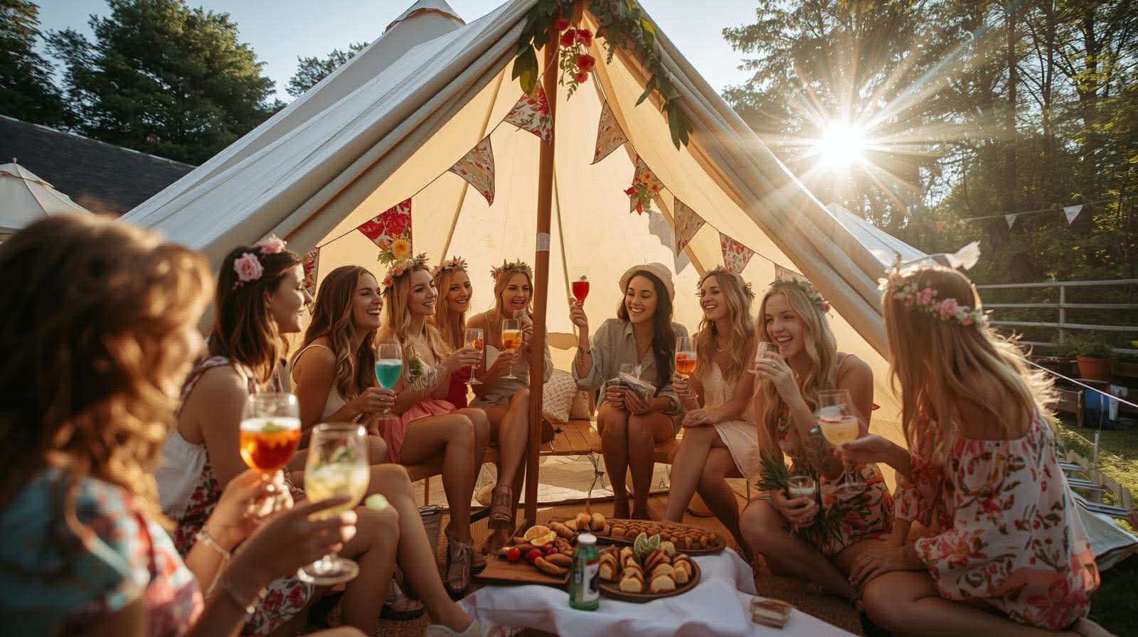Hen party group with drinks outside bell tent