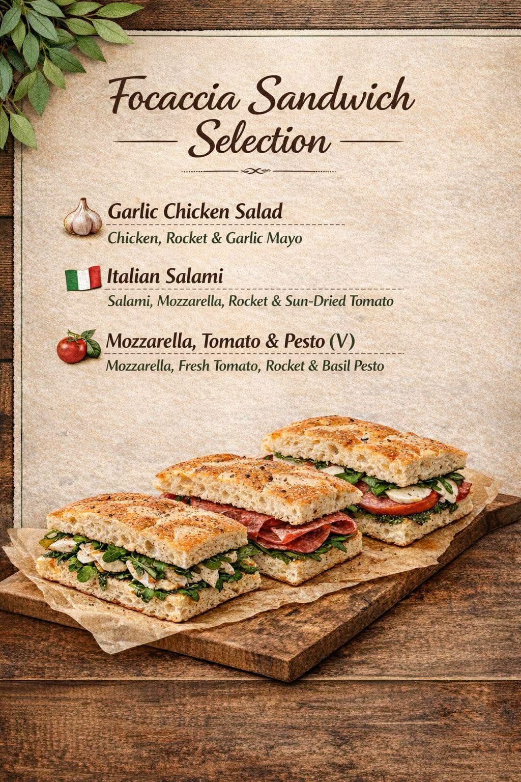 Focaccia sandwich selection menu