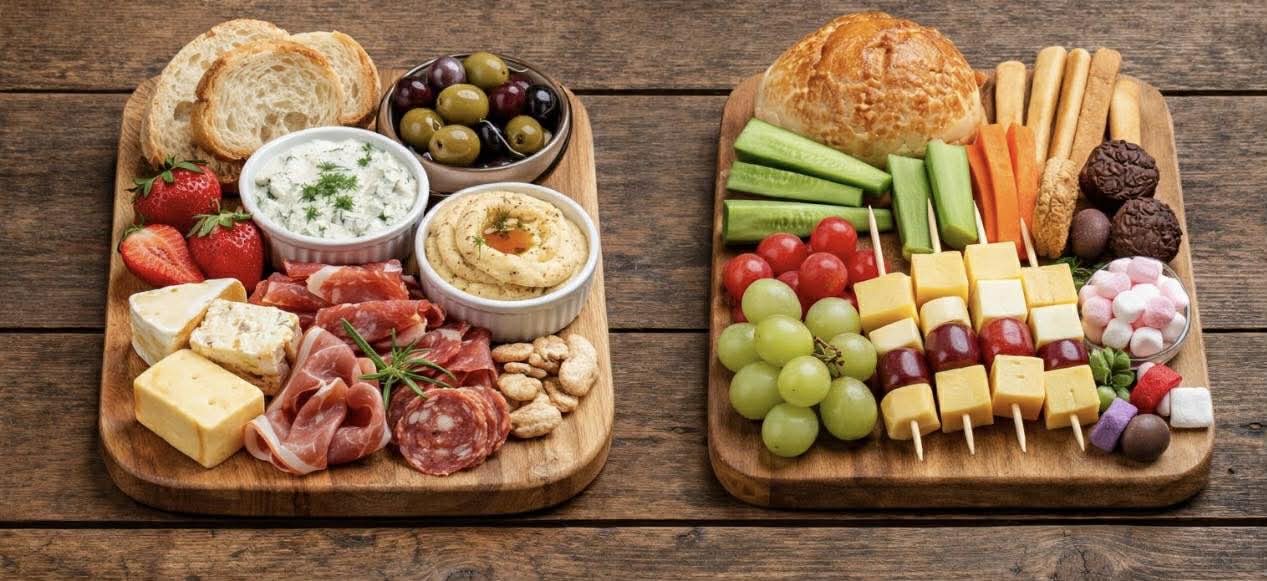Grazing platters with charcuterie, cheese and fruit
